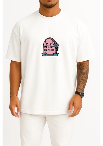 Bahriyeli Collection Oversize Mental Sağlığım Mekanı Cennet Olsun Göğüs Baskılı Unisex T-shirt Beyaz