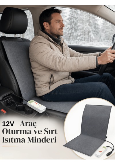 Beylini 12v Araç Koltuk Isıtıcı Minder 5 Kademeli Kumandalı Çakmaklık Girişli Sırt Ve Oturma Isıtma Minderi Gri 35x90 Cm