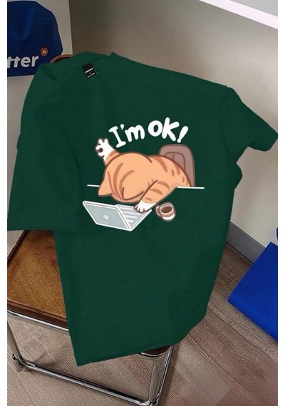 Yorgun Kedi İllüstrasyonlu Unisex Tasarım Tişört Yesıl
