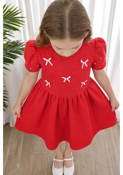 Fesshera Kids Kız Çocuk Fiyonk Detaylı Kolları İncili Düğme Kapamalı Abiye Elbise Kısa Kollu Özel Gün Parti Doğum Günü Elbisesi Kırmızı