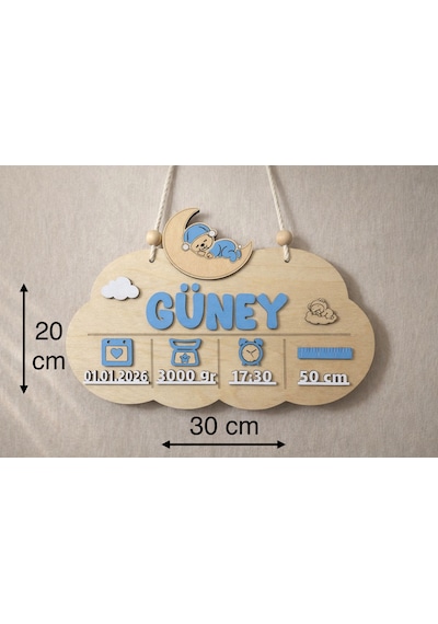 Kişiye Özel Ahşap Bebek Doğum Panosu İsim-doğum Tarihi - Kilo - Saat - Boy 20 x 30