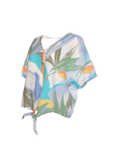 Ysatis Minimalist Desenli V Yaka Kısa Kol Crop Bluz - Yazlık Günlük Mavi