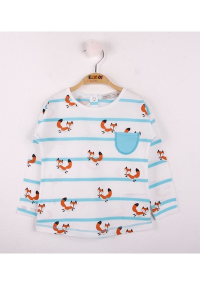 Toontoy Kids Toontoy Kız Bebek T-shirt Çizgili Cepli Tilki Baskı Turkuaz