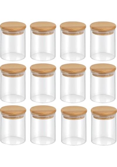 12 Adet Vakumlu Bambu Kapaklı Borosilikat Baharatlık, Saklama Kabı, Çerezlik 200 Ml Jarpot Şeffaf