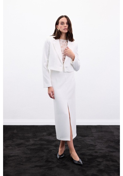 Sateen Yırtmaçlı Midi Etek - Ekru-136987 Ekru