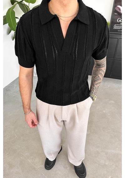 Siyah Striped Knitwear Relaxed Triko Polo Yaka Tişört Siyah