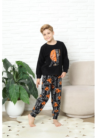 Yeni Stil Sonbahar/kış Erkek Çocuk Basketball Desenli Polar Pijama Takımı 4562 Siyah