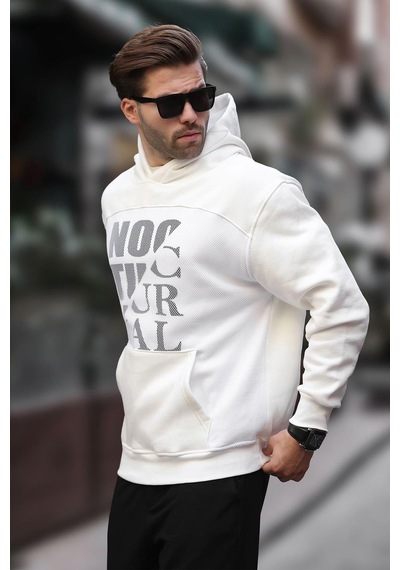 Madmext Ekru Baskılı Kapüşonlu Cep Detaylı Erkek Sweatshirt 7062 Ekru