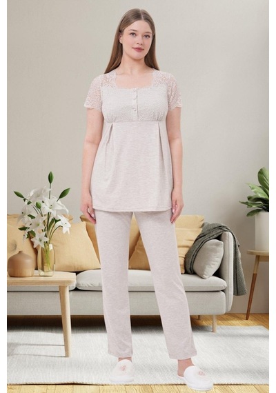Mecit Pijama Mecit 6056 Bayan Hamile Lohusa Vizon Kısa Kollu Pijama Takımı