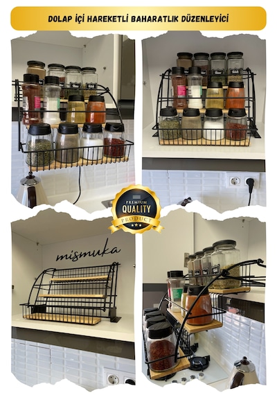 Dolap İçi Hareketli Baharatlık Düzenleyici Metal Baharatlık Stand Siyah