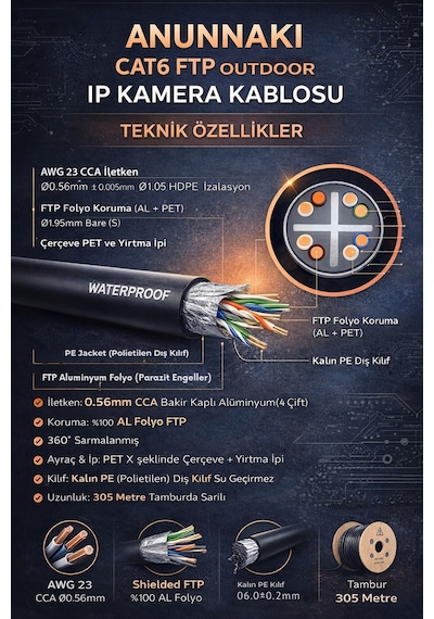 An305 Cat6 Ftp Outdoor Dış Mekan Ip Kamera Kablosu 305 Metre Pe Ceket Folyolu Poe İnternet Kablosu