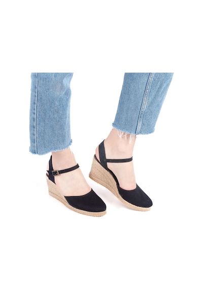 Star Tombis Gerçek Elişi Topuğu Açık Bilekten Bantlı Dolgu Topuk Siyah Keten Hasır Espadril Handmade Siyah