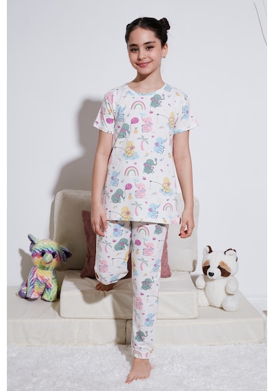 Lela % 100 Pamuk Bisiklet Yaka Kısa Kollu Kız Çocuk Pijama Takımı 6651004 Ekru