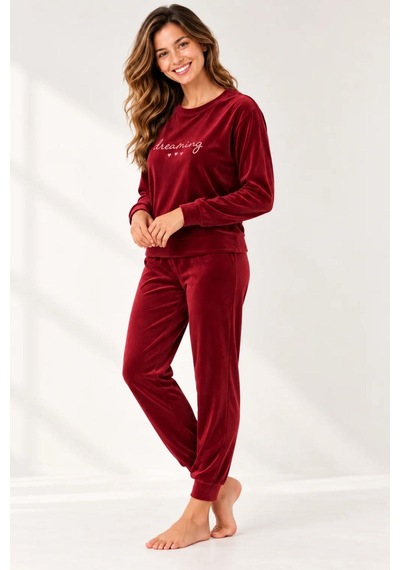 Gd Goldoremi 4082 Kadın Likralı Uzun Kollu Kadife Nefes Alan Kumaş Pijama Takım Bordo