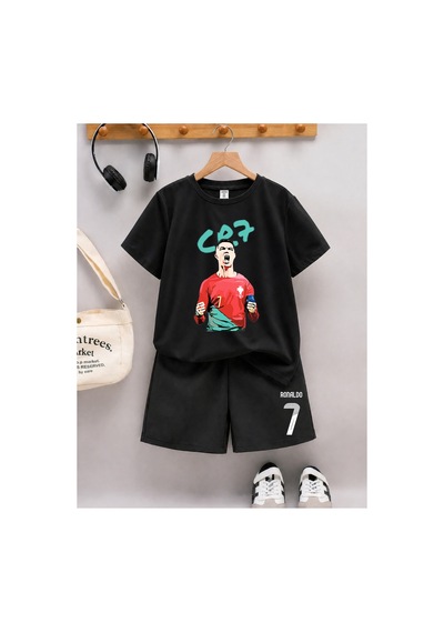 Stil-x Ronaldo Baskılı Erkek Çocuk Şort Takım Siyah2