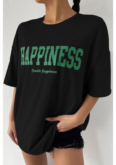Startmore Kadın Oversize Hapiness Baskılı Siyah Siyah