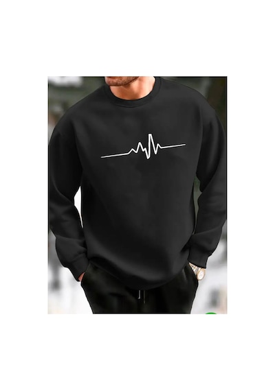 Medinenur Nabız Baskılı 2 İplik Şardonlu Bisiklet Yaka Sweatshirt Siyah