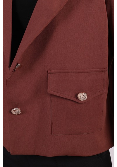 Armonika Kadın Koyu Kahve Erkek Yaka Kare Cepli Crop Ceket Arm-26k001026
