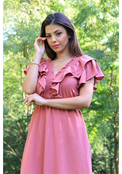 Neşeli Butik Kadın Yaka Ve Kolları Fırfırlı Bağlama Detaylı Ayrobin Elbise Nb10050 Gül Kurusu