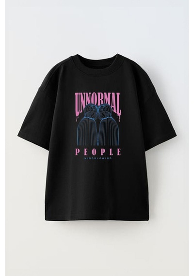 Thewert Unisex Unnormal People Tasarım Baskılı Pamuk Sıyah Oversize T-shirt Siyah