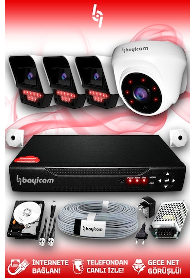 Bayicam 4 Kameralı Süper 1 İç Kamera Set 250 GB 5 MP 2K Net Gece Görüşlü Güvenlik Kamerası Sistemi