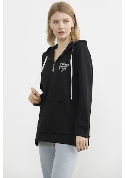 Yarım Fermuarlı Kapüşonlu Sweatshirt - Siyah Ekru