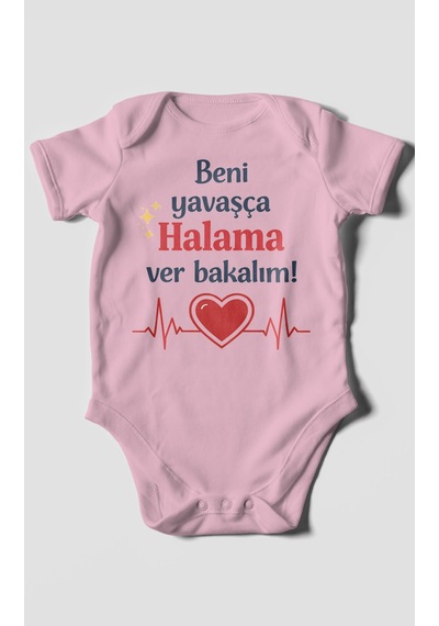 Morivokids Beni Yavaşça Halama Ver Bakalım Kısa Kollu Bebek Body %100 Pamuk Koyu Pembe