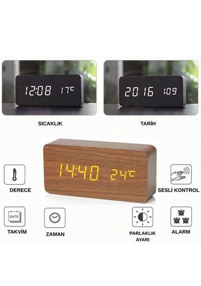 Hpytech Ahşap Led Dijital Alarm Masa Saati Sese Duyarlı,modern Dekoratif Çalar Saat Ahşap - Kahverengi