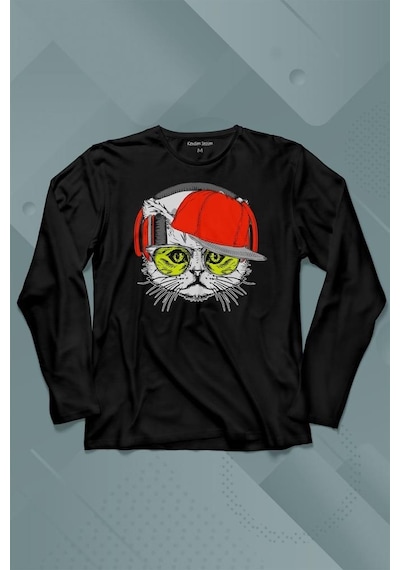 Cat Glasses Gözlüklü Kırmızı Kedi Uzun Kollu Tişört Baskılı Çocuk T-shirt 001