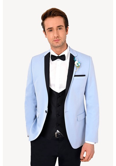 Ysf Erkek Açık Mavi Slim Fit Mono Yaka Yelekli Damatlık