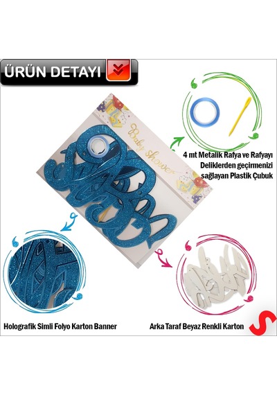 Baby Shower Simli Folyo Karton Banner, 90 Cm - Mavi Diğer