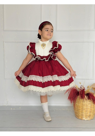 H L Y Karol Tasarım Zebrina Bordo Vintage Kız Bebek Elbise,doğum Günü Elbise,fotoğraf Çekim Elbise,0-12 Yaş Uygun Bordo