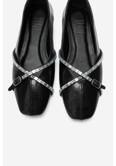 Luvi Shoes Spaes Siyah Taş Detaylı Kadın Babet Ayakkabı