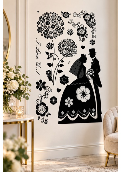 3d Simli Gelin Damat Duvar Stickerı 32x50 Cm Siyah Beyaz Çiçekli Düğün Nişan Duvar Dekorasyonu Renkli