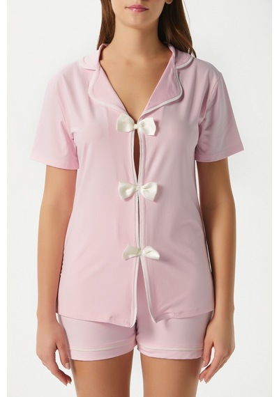 Ritnice Kadın Violet Pembe Şortlu Fiyonklu Alt Üst Pijama Takımı
