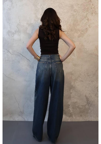 Alemdarshop Lacivert Geniş Paça Jeans Pantolon
