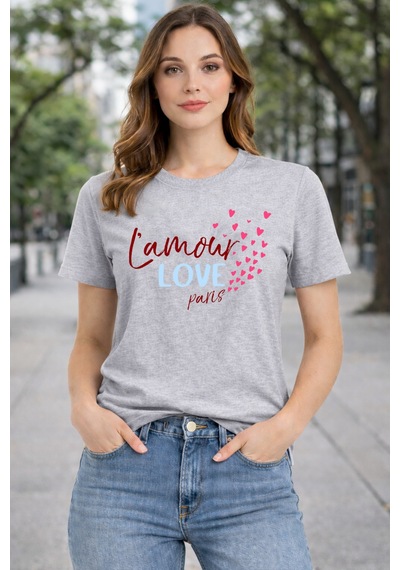 Herkesemoda Lamour Love Baskı Detaylı Basic T-shırt Gri