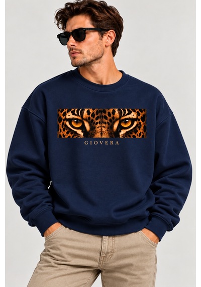 Gıovera Leopard Eyes Premium Oversize Erkek Sweatshirt %100 Pamuk Lacivert