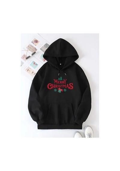Veraura Lifestyle Yılbaşı Merry Christmas Baskılı Oversize Kapüşonlu Sweatshirt Hoodie - Siyah