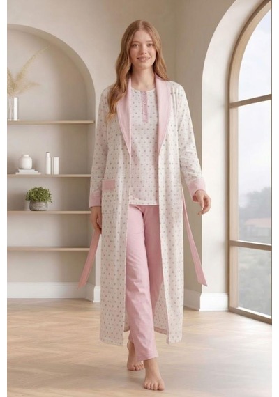 Mecit Pijama Mecit 6358 Pembe Kadın Uzun Sabahlıklı Pijama Takımı