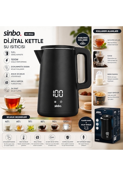 Lunaev 1.8l 1500w Plastik Kapak - Dokunmatik Ekran Dijital Kettle Su Isıtıcısı Kablosuz Kullanım Sk