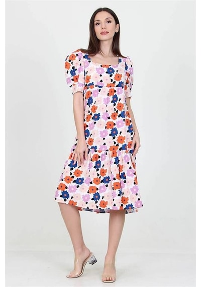 Dip Moda Kadın Kare Yaka Çiçek Desenli Viskon Elbise Dpnb10026 Pudra