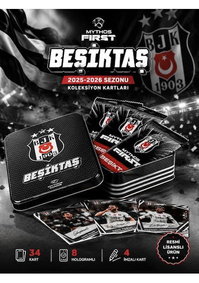 Mythos First Beşiktaş 2025-2026 Sezonu Koleksiyon Kartları Metal Kutu 34 Kart Resmi Lisanslı