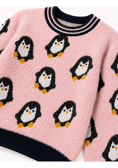 Penguen Desenli Kız Çocuk Kazak 23212 Pembe