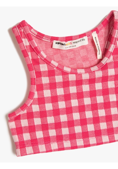 Koton Crop Atlet Kolsuz Yuvarlak Yaka Pamuk Karışımlı Fuşya Ekose 3skg30068ak Fuşya Ekoseli