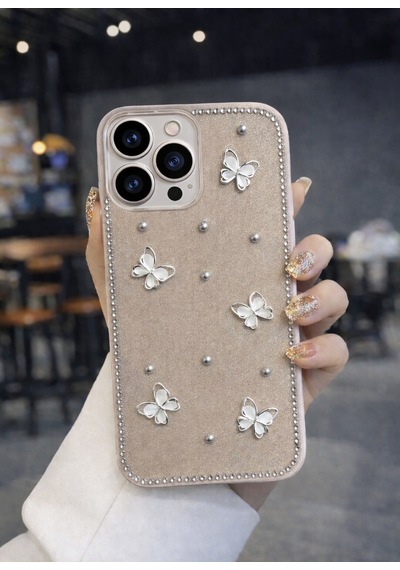 Apple Uyumlu iPhone 16 Pro Max Kelebek Figürlü Simli İnci Taşlı Lüx Silikon Kılıf Açık Kahve