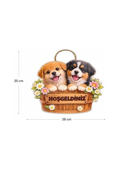 28-25 Cm Hoş Geldin Köpek Çiçek Dekorlu Ahşap Kapı Süsü, Kapı Bahçe Önü Süsü Yeni