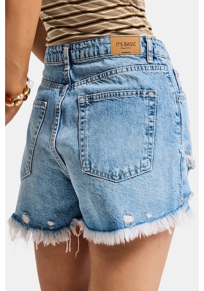 Itsbasic Kadın T.kot Rengi 12s5-32 Mini Boy Yüksek Bel Curved Yırtık Detaylı Püsküllü %100 Koton Denim Şort