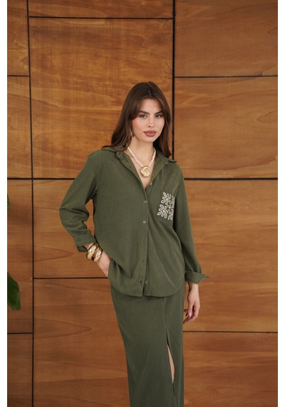 Verymoda Fitilli Kadife İşlemeli Gömlek - F1997 Haki