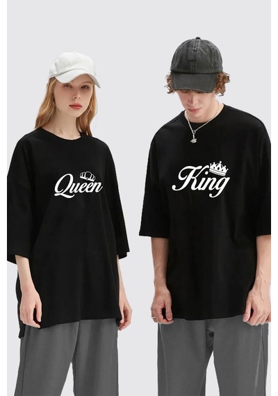 Unisex Kadın Erkek King Queen Baskılı Sevgili Çift Kombini Tasarım Oversize T-shirt 2'li Set Siyah Mck1951 Siyah